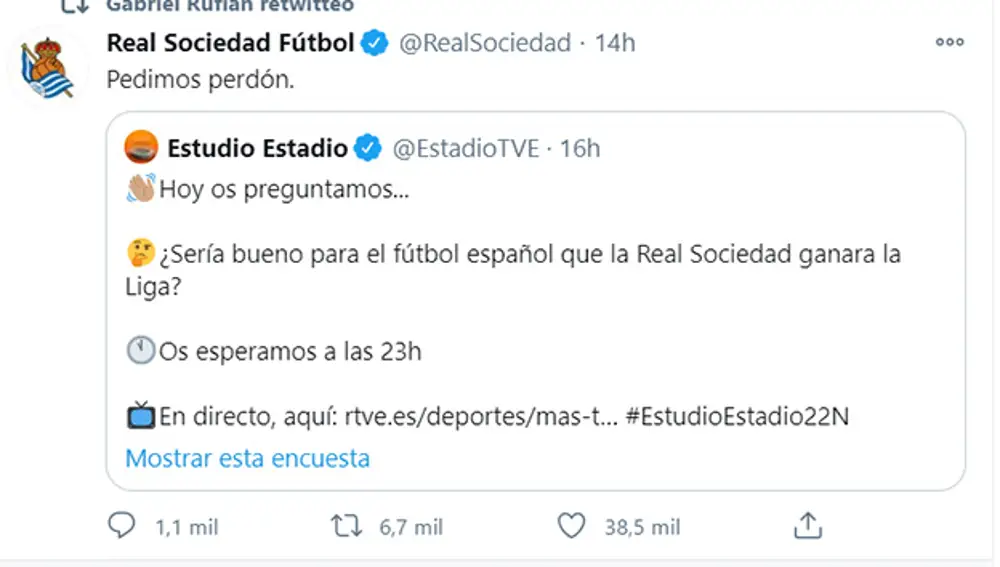 Tuit de la Real Sociedad que retuiteó Gabriel Rufián