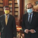 El presidente de la Cámara de Barcelona, Joan Canadell, y el expresidente de la Generalitat Quim Torra, en una reunión celebrada hoy