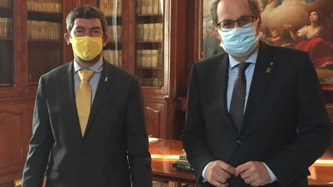El presidente de la Cámara de Barcelona, Joan Canadell, y el expresidente de la Generalitat Quim Torra, en una reunión celebrada hoy