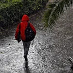Una persona camina bajo una intensa lluvia este viernes en la ciudad de Valéncia