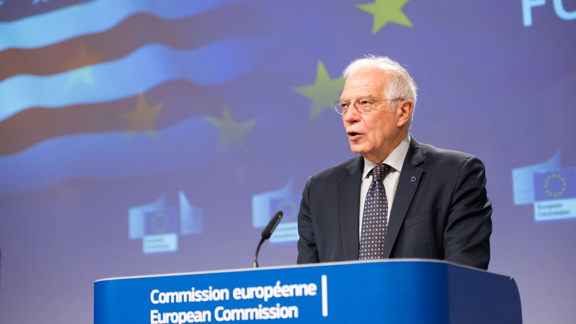 Josep Borrell durante la rueda de prensa en la sede de la UE sobre la nueva agenda UE-EE UU
