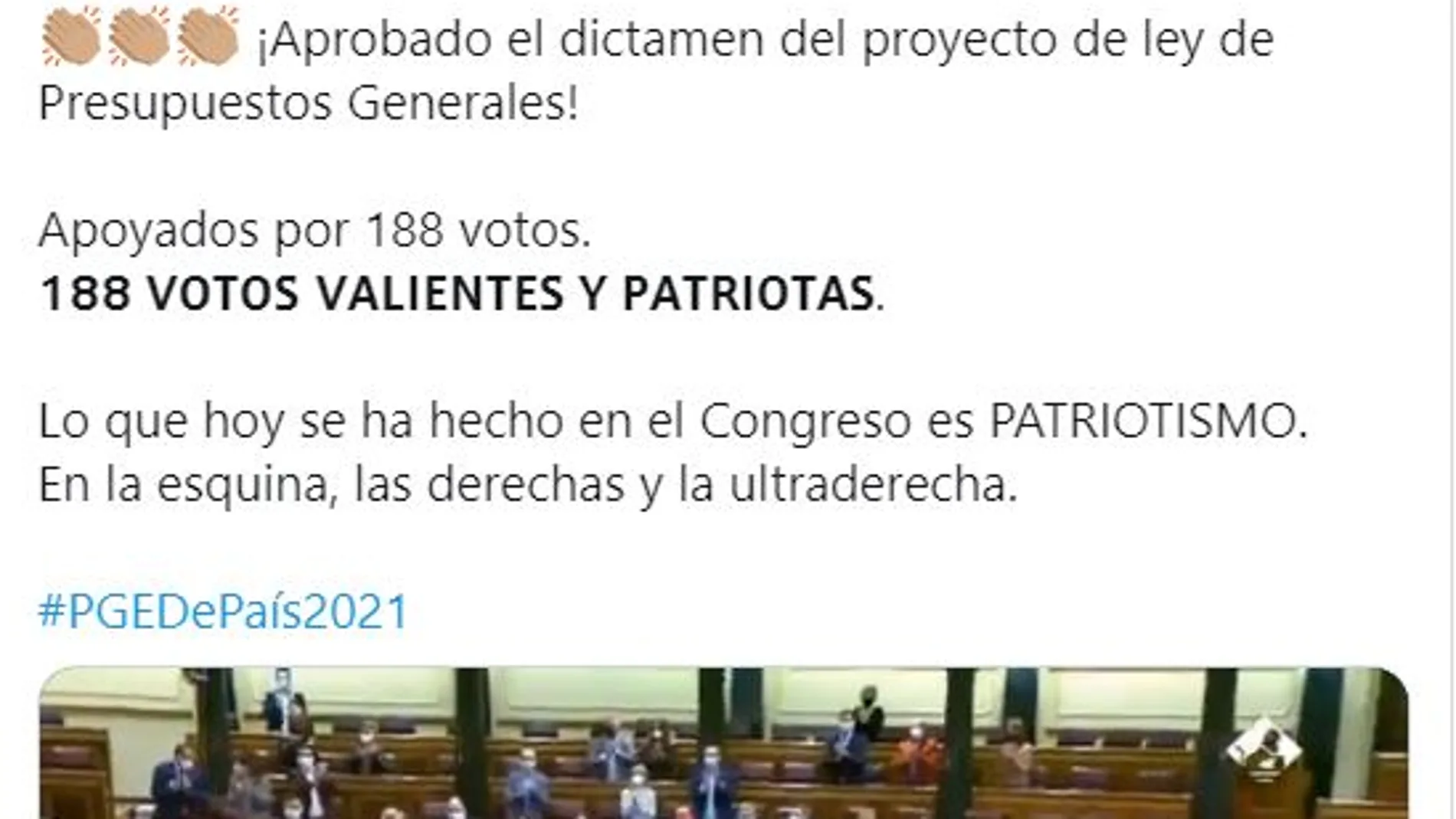 Tweet del PSOE celebrando la aprobación de los Presupuestos
