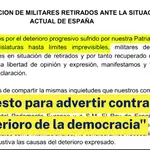 271 exmilitares advierten del &quot;deterioro de la democracia&quot; en España