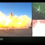 Captura del vídeo de seguimiento de la compañía privada aeroespacial SpaceX donde se aprecia el SN8, un prototipo de una gigantesca aeronave sin tripulación, en el momento de la explosión tras tratar de aterrizar