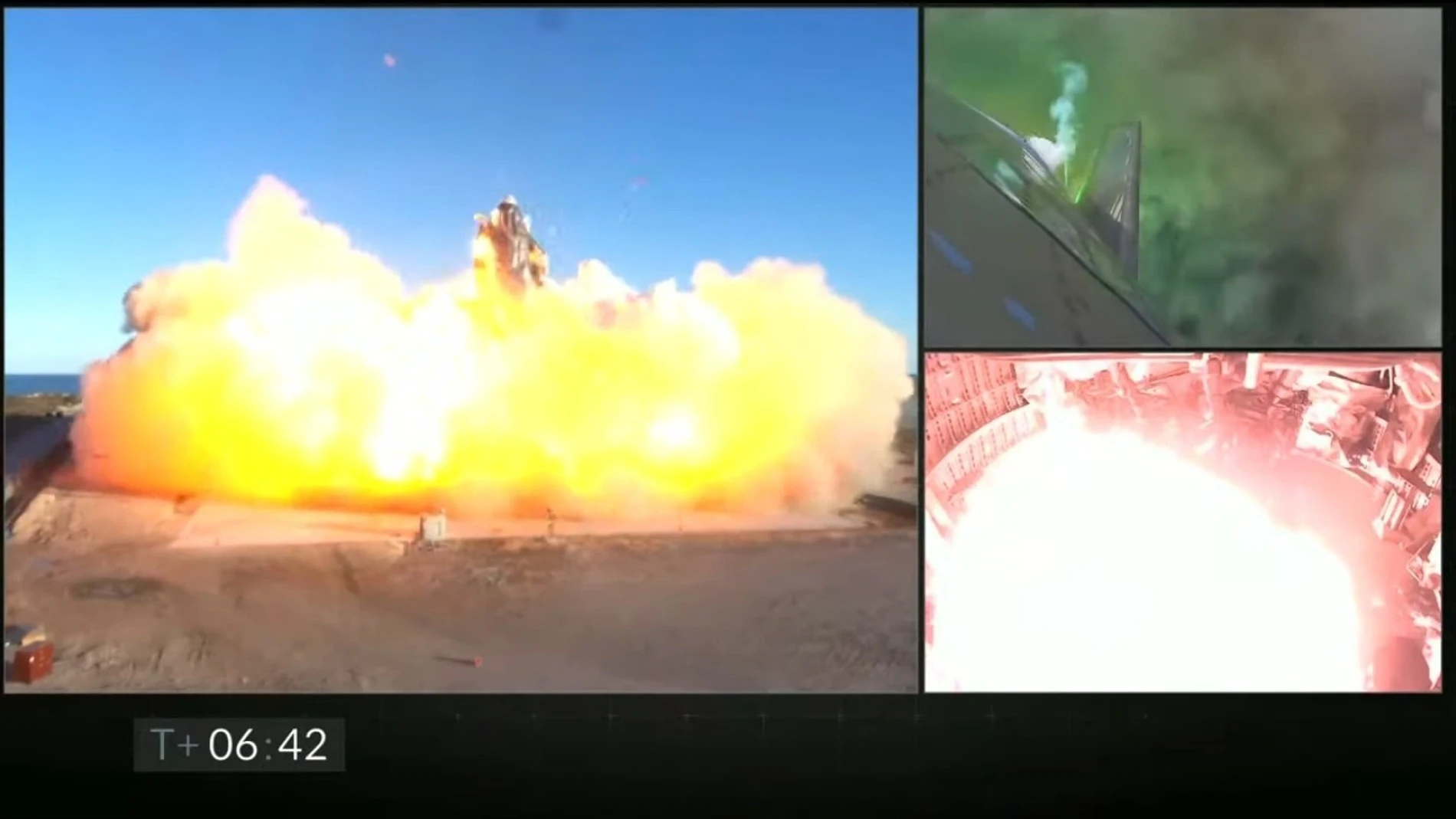 Captura del vídeo de seguimiento de la compañía privada aeroespacial SpaceX donde se aprecia el SN8, un prototipo de una gigantesca aeronave sin tripulación, en el momento de la explosión tras tratar de aterrizar