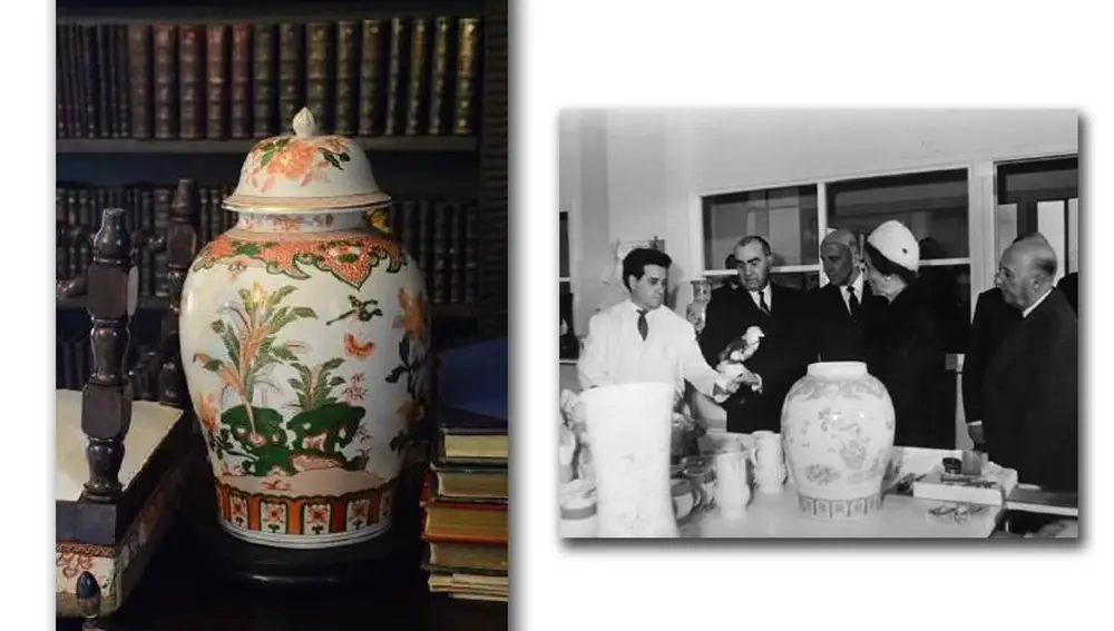 Lass porcelanas fueron manufacturadas en la Fundación Generalísimo Franco, que en la imagen visita el propio «Caudillo» con su mujer, Carmen Polo, en 1966