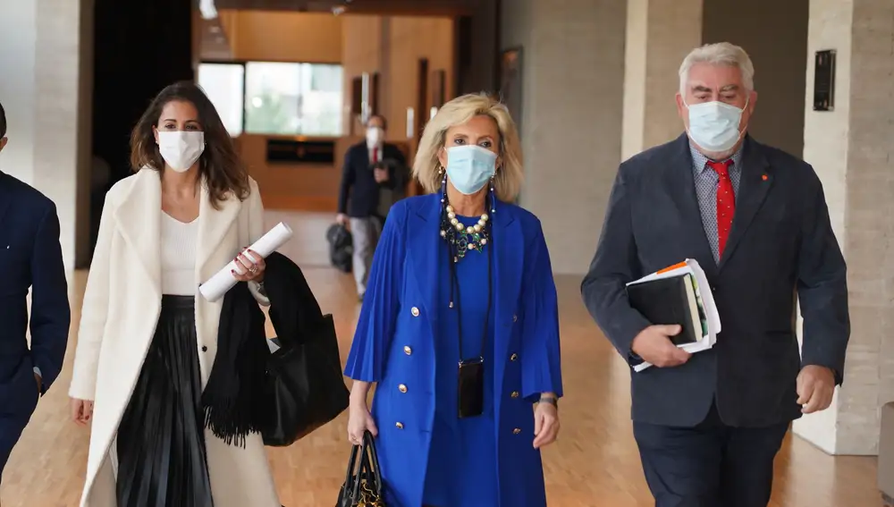 la consejera de Sanidad, Verónica Casado, a su llegada junto al procurador de Ciudadanos, Manuel Mitadiel, entre otros, a las Cortes para dar cuenta del presupuestos de su departamento