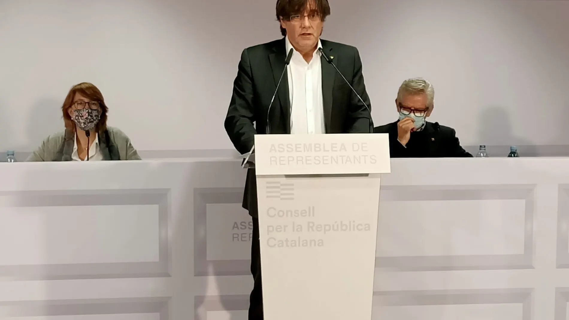 Carles Puigdemont, durante su intervención hoy, en el acto del Consell per la República