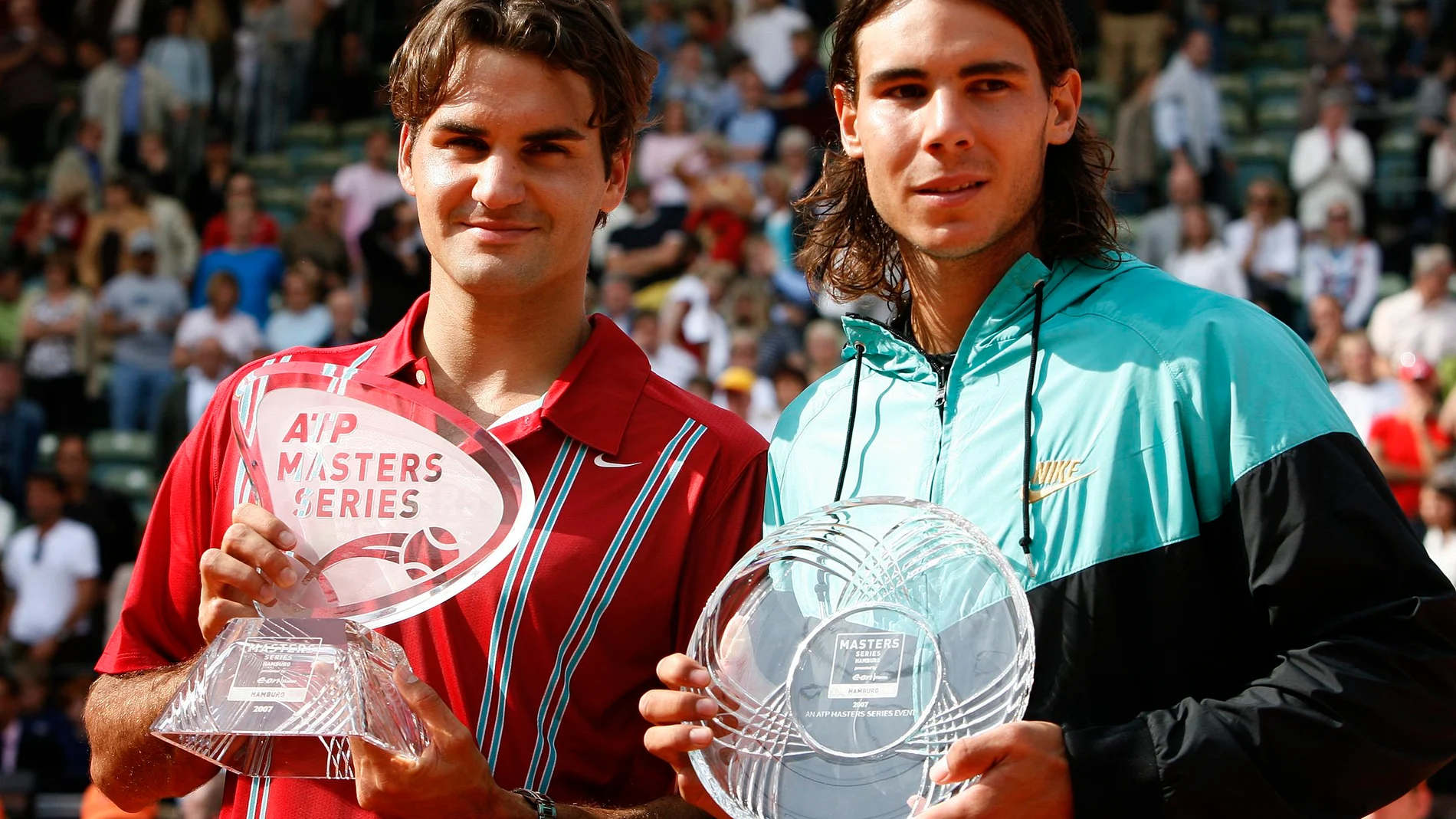 Roger Federer y Rafa Nadal, en la entrega de trofeos de Hamburgo 2007