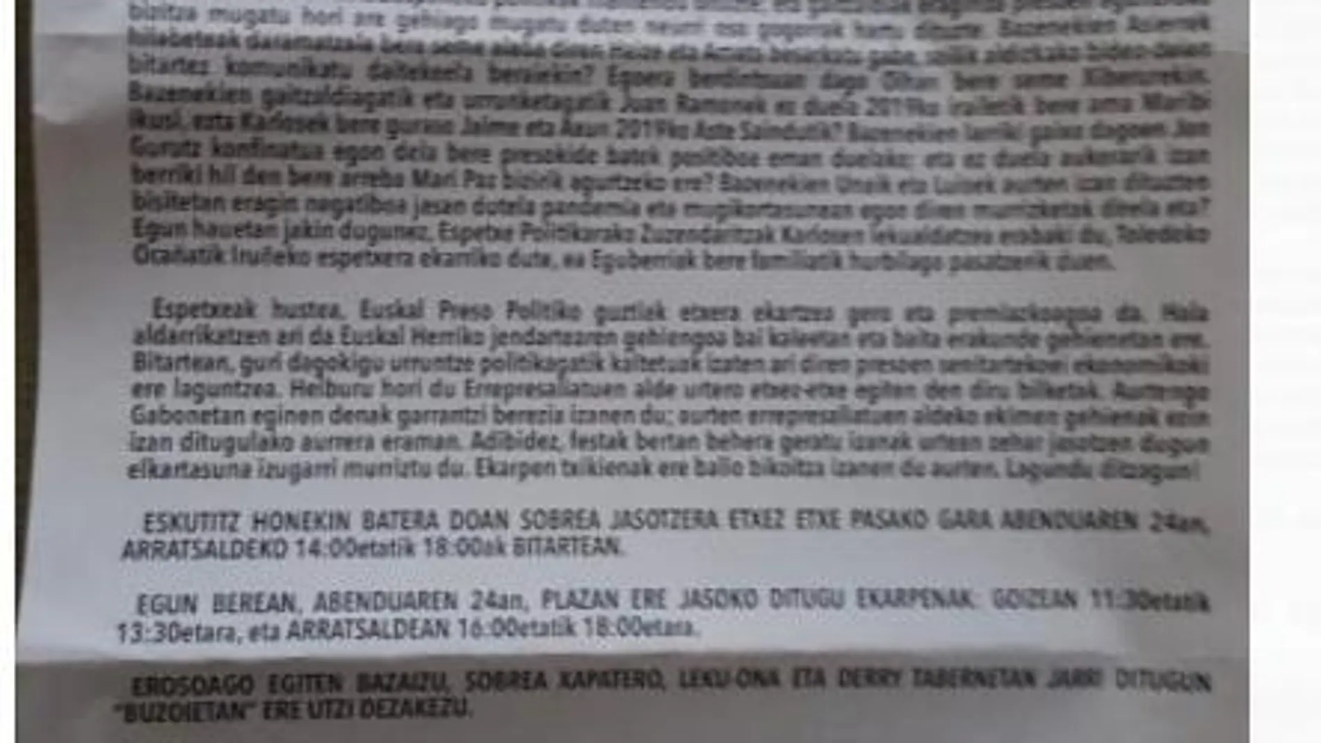 Carta distribuida en la localidad navarra de Echarri Aranaz