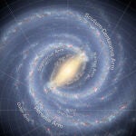 Imagen que muestra el aspecto probable de nuestra galaxia vista desde el exterior, con el Sol señalado bajo el centro galáctico