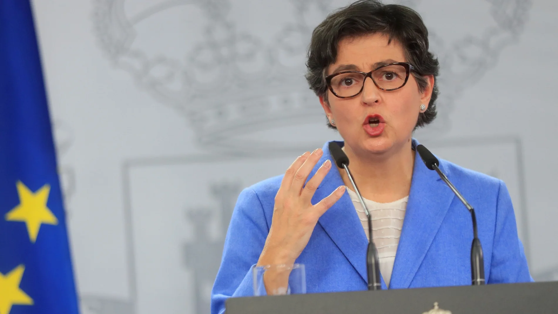La ministra española de Asuntos Exteriores, Arancha González Laya, ofrece una rueda de prensa en Moncloa este jueves