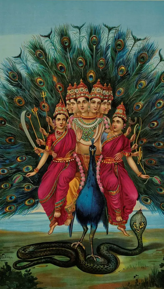 Kartikeia representado junto a dos mujeres.