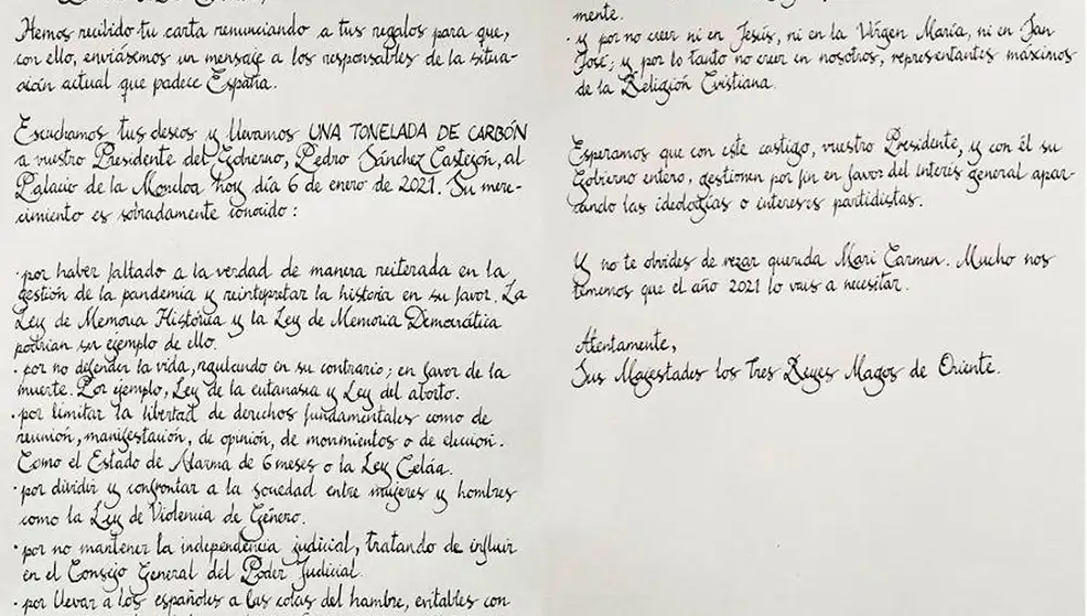 Carta de los Reyes Magos a la ciudadana anónima que pidió un "milagro" para cambiar la actitud del Gobierno