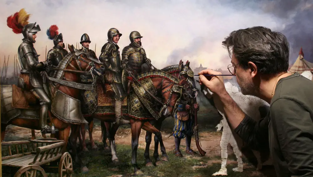 El pintor de batallas, terminando un detalle de la Batalla de San Quintín