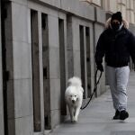 Un hombre pasea a su perro por el centro de Madrid un día de intenso frío
