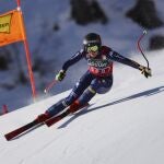 Italy's Sofia Goggia speeds down the course during an alpine ski, women's World Cup downhill in St. Anton, Austria, Saturday, Jan. 9, 2021. (AP Photo/Marco Trovati)