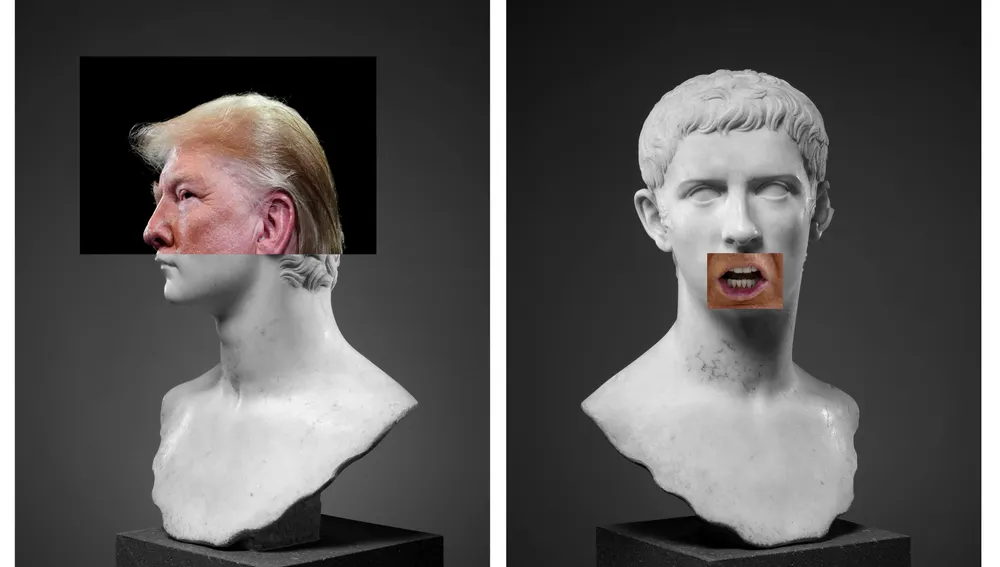 Montaje fotográfico entre el rostro de Donald Trump y un busto de Calígula