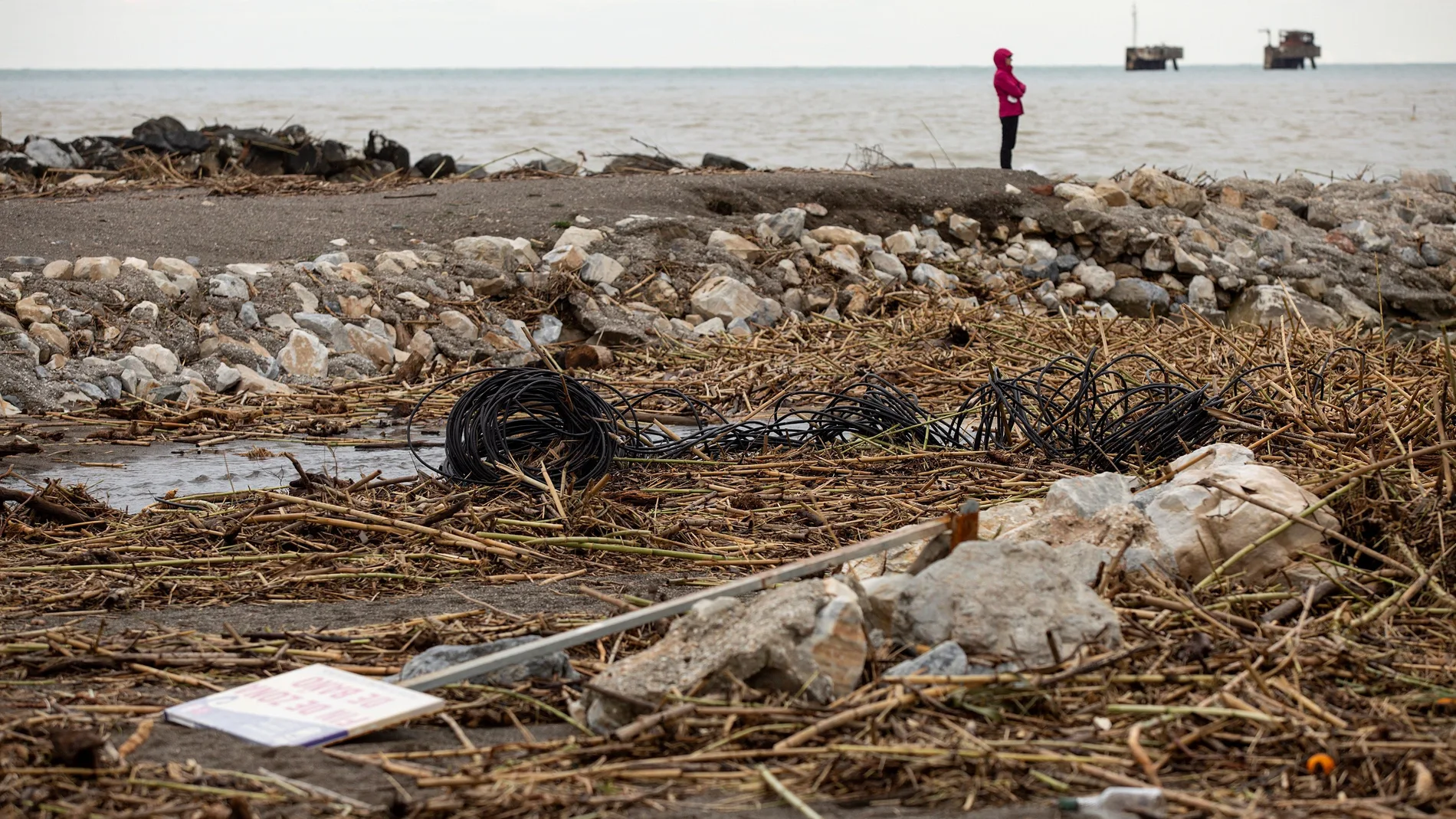 Vista de la playa de Guadalmar junto a la desembocadura del río Guadalhorce llena de cañas y escombros arrastrados por las fuertes lluvias por el temporal Filomena. EFE/Daniel Pérez