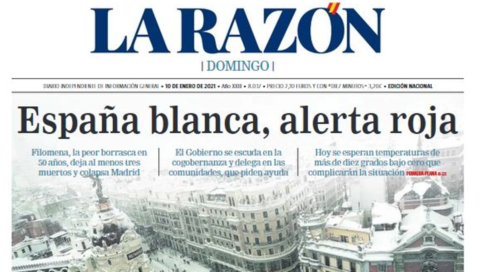 Portada LA RAZÓN domingo 10 de enero de 2021