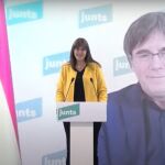 Laura Borràs interviene ante la presencia de Carles Puigdemont por videoconferencia