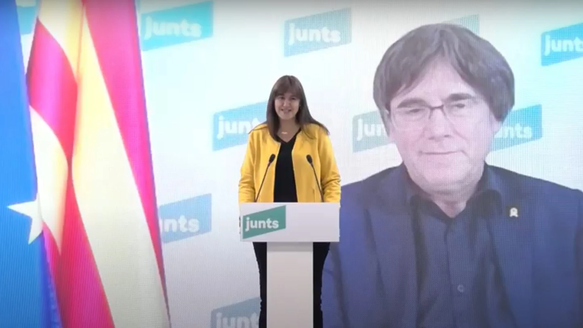 Laura Borràs interviene ante la presencia de Carles Puigdemont por videoconferencia