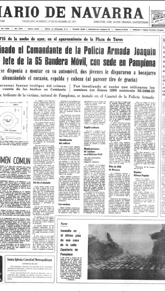Portada del Diario de Navarra tras el asesinato de Joaquin Ímaz Martínez