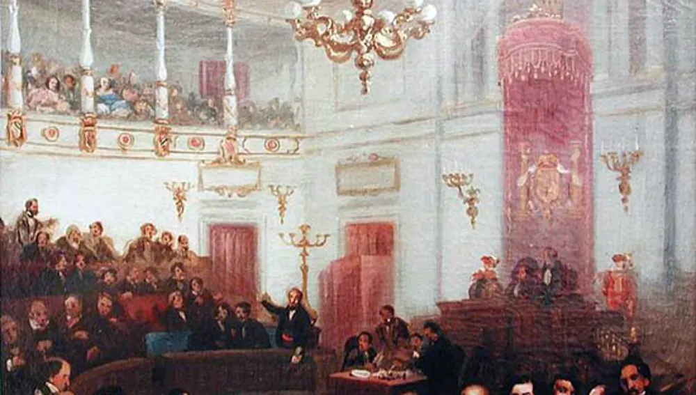 Estampa de la sala de sesiones del Congreso de los Diputados en 1854, con Espartero en el centro y pintada por Eugenio Lucas Velázquez