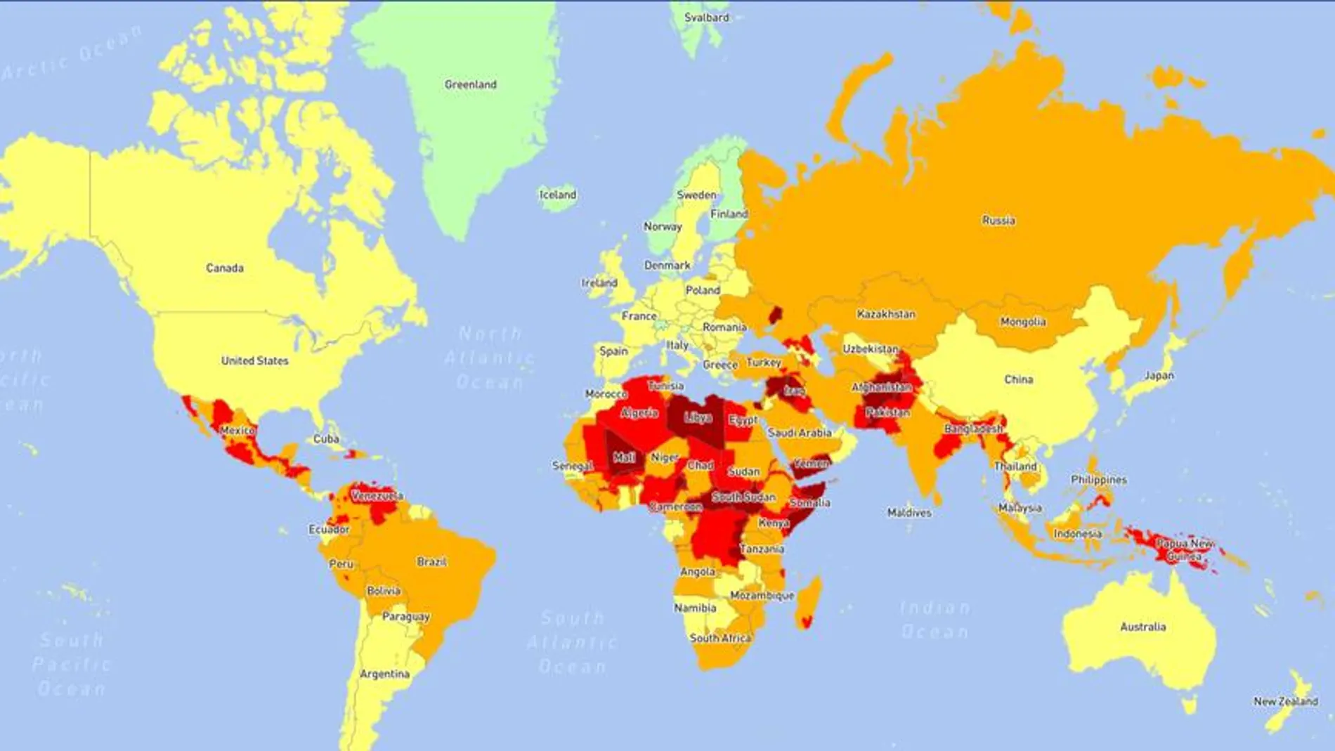 Captura del mapa interactivo de los lugares menos seguros para viajar este año