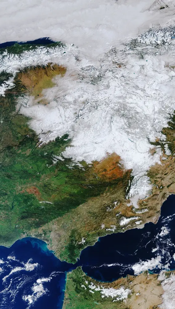 Imagen de satélite, Copernicus Sentinel-3, ESA, de la Península Ibérica tras el paso de 'Filomena'ESA13/01/2021