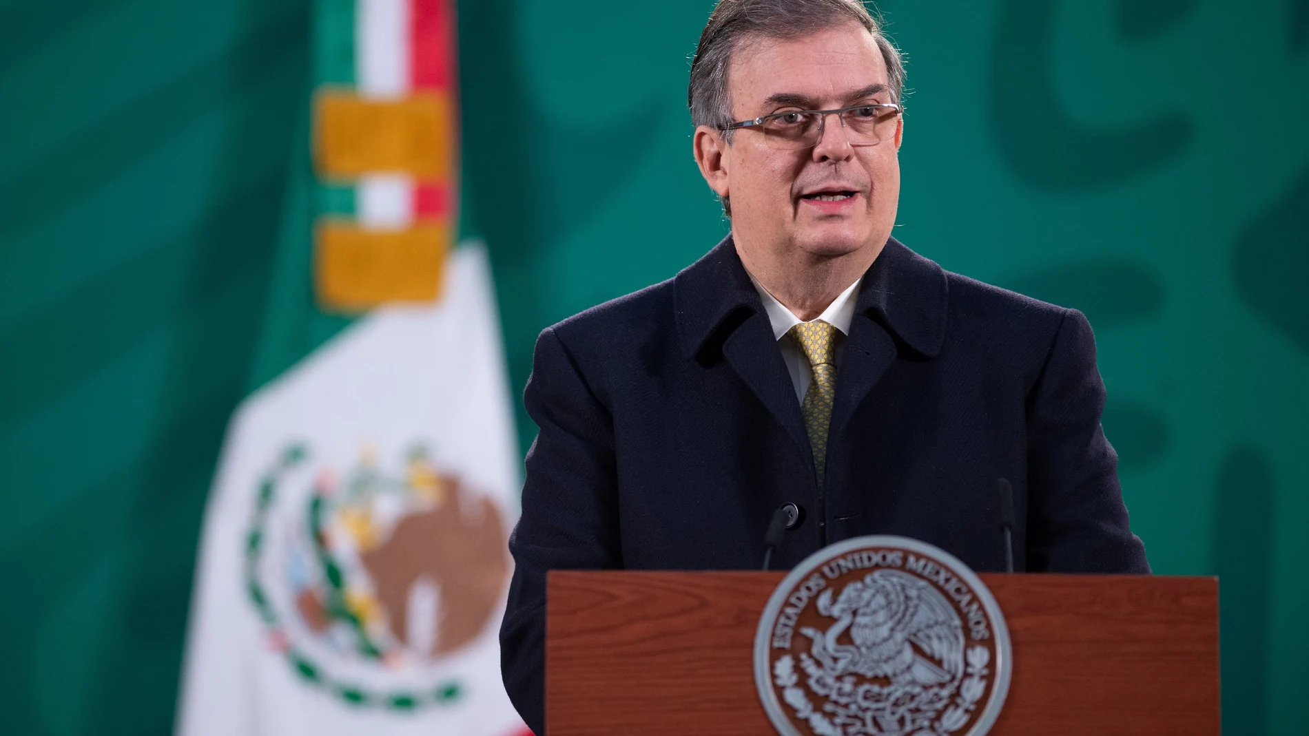 Mexico's Foreign Minister Marcelo Ebrard holds a news conference, as Mexico's will invoke labor provisions in the new North American trade pact in a bid to ensure that illegal migrants in the United States receive coronavirus vaccines, at the National Palace in Mexico City, Mexico January 13, 2021. Mexico's Presidency/Handout via REUTERS ATTENTION EDITORS - THIS IMAGE HAS BEEN SUPPLIED BY A THIRD PARTY. NO RESALES. NO ARCHIVES