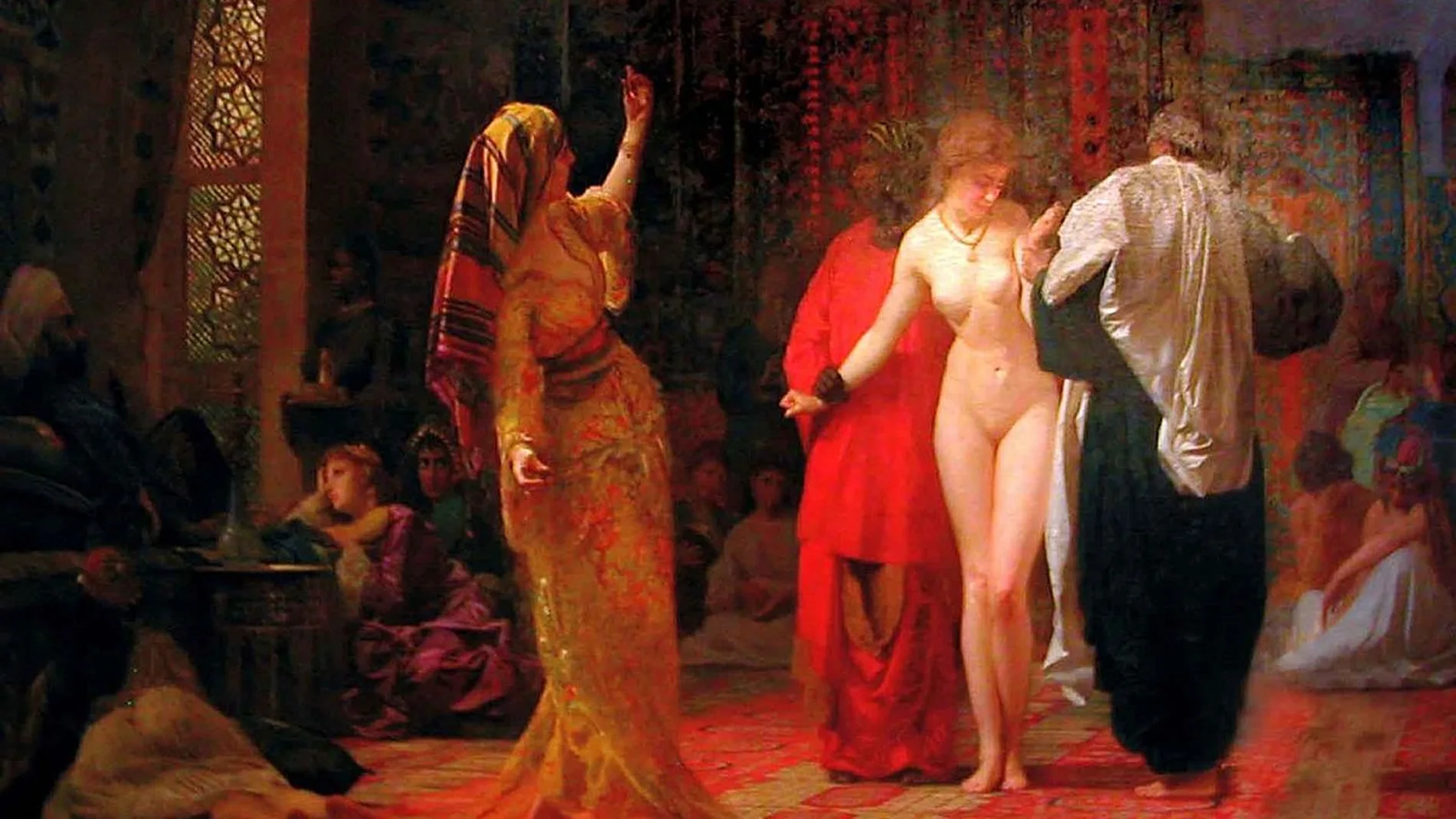En «Mercado de esclavas blancas», pintado en 1884, Rosso incluyó la figura de las mujeres esclavistas
