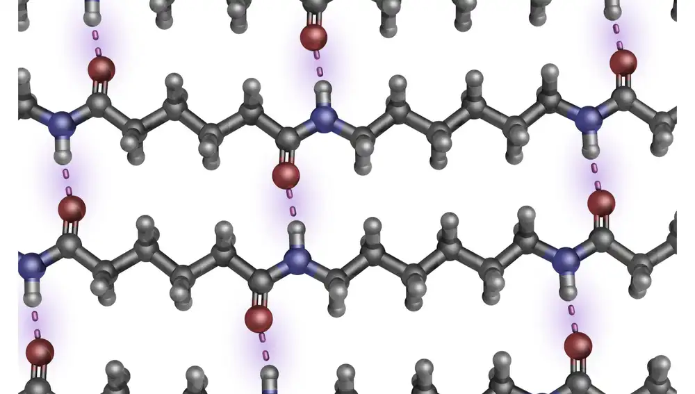 Representación de moléculas de nylon 6-6 unidas por puentes de hidrógeno. El nylon está formado por moléculas muy largas, con forma de cadena, formadas principalmente por carbono e hidrógeno, pero con algunos átomos de nitrógeno y oxígeno. En esta representación el nitrógeno aparece coloreado en azul y el oxígeno en rojo. Como vemos, los nitrógenos y los oxígenos están conectados por puentes de hidrógeno, representados por líneas de trazos. Estas uniones entre las largas moléculas de nylon hacen más resistente a la fibra.