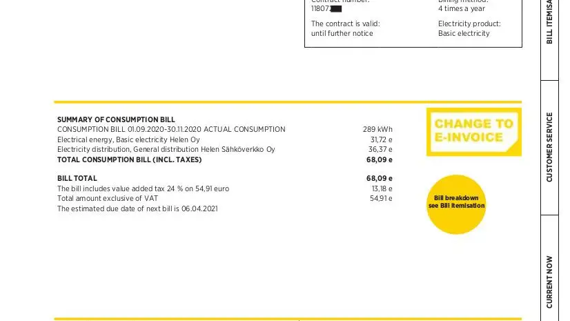 Antonio nos muestra una de las facturas que ha recibido en estos más de dos años y medio que lleva en el país escandinavo. En ella (se muestra en las imágenes de arriba) se pueden comprobar los 68,09 euros que pagó entre el 1 de septiembre y el 30 de noviembre, es decir, tres meses, lo que se traduce en 22 euros mensuales, de los cuales la mitad es en consumo eléctrico y la otra mitad en calefacción.