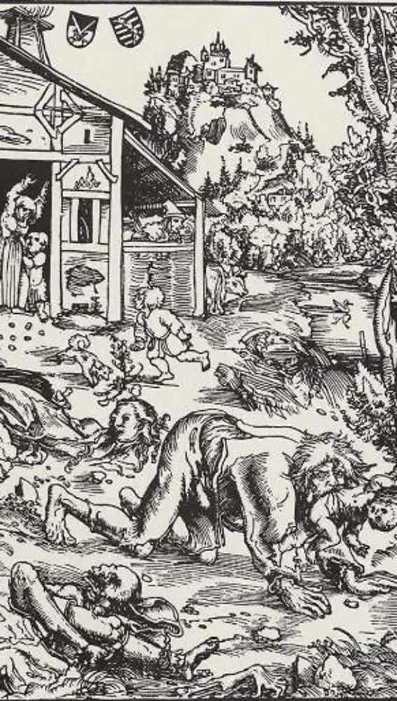 Grabado de Lucas Carnach &quot;El viejo&quot; realizado en 1512 que muestra cómo se creía que actuaba un hombre-lobo