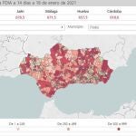 Mapa de incidencia del Covid-19 en Andalucía por municipios a 18 de enero de 2021