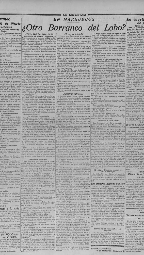 Primeras informaciones aparecidas el 23 de julio de 1921 en el diario &quot;La Libertad&quot;, comparando lo sucedido en Annual con el Desastre del Barranco del Lobo (sucedido en las inmediaciones de Melilla el 27 de julio de 1909
