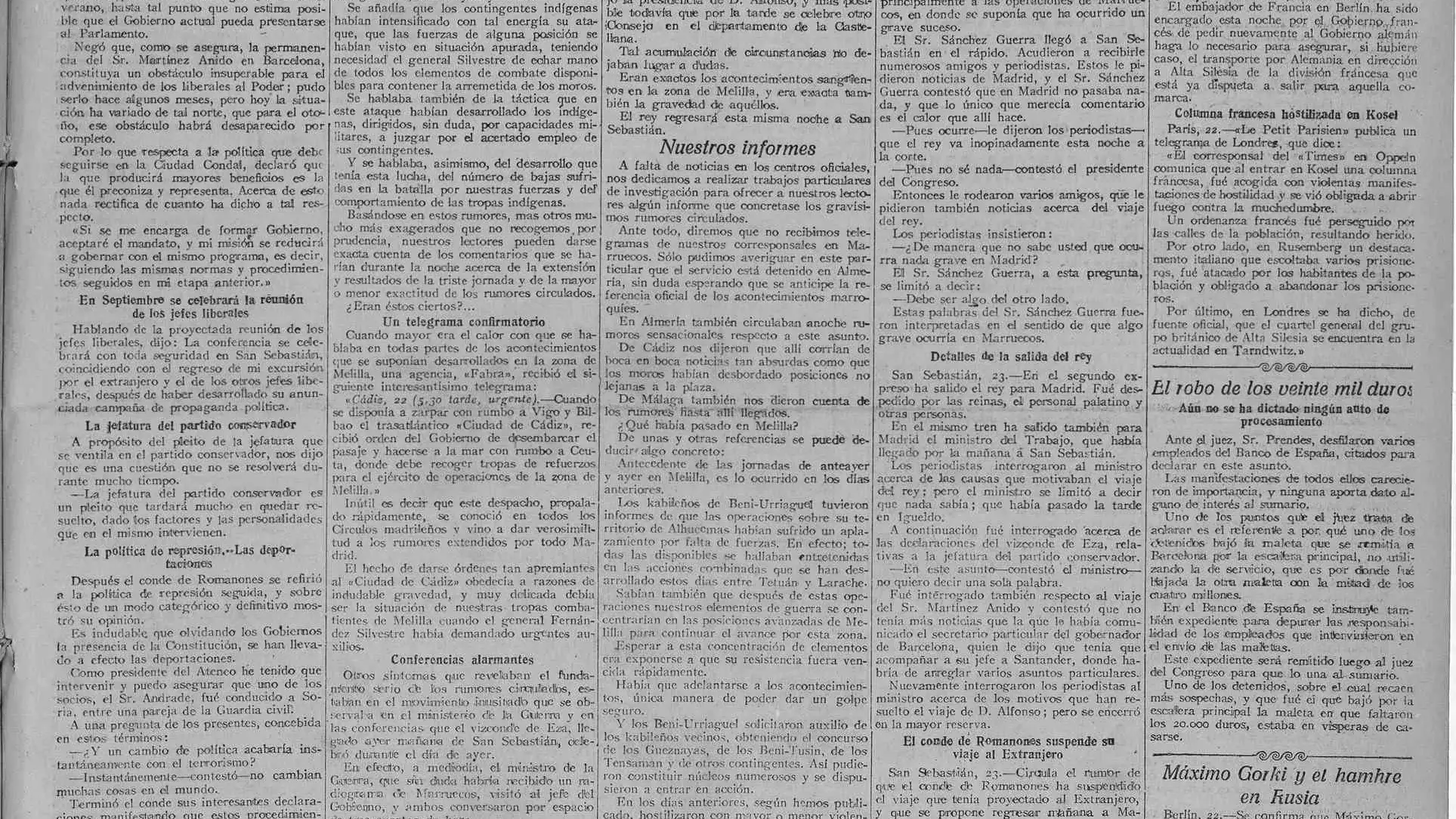 Primeras informaciones aparecidas el 23 de julio de 1921 en el diario &quot;La Libertad&quot;, comparando lo sucedido en Annual con el Desastre del Barranco del Lobo (sucedido en las inmediaciones de Melilla el 27 de julio de 1909