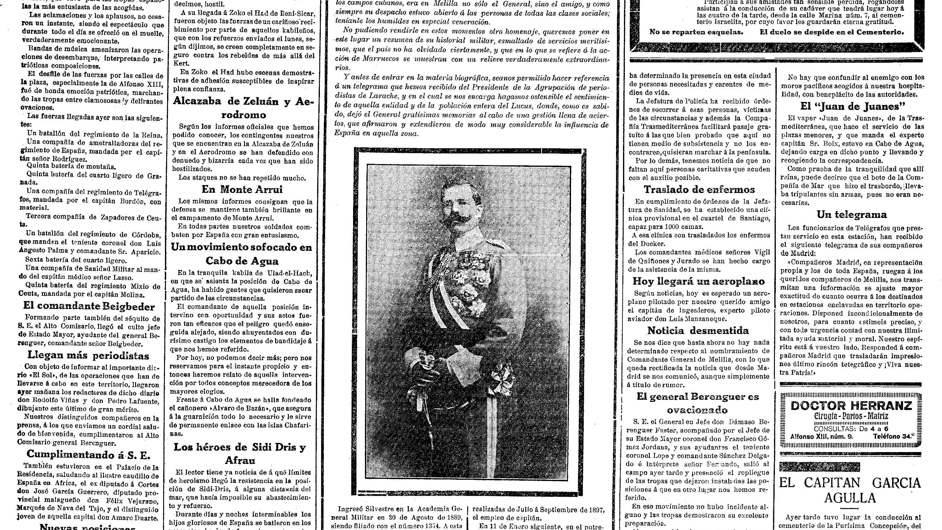Biografía y retrato de Silvestre publicadas en &quot;El Telegrama del Rif&quot; el 27 de julio de 1921