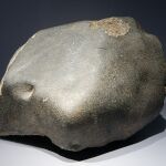 Una condrita ordinaria, el tipo de meteorito más común. Nótese la fina corteza de fusión y la matriz rocosa que asoma a través de ella.