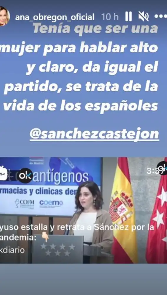 Ana Obregón apoya el discurso de Isabe Díaz Ayuso contra el Presidente Sánchez