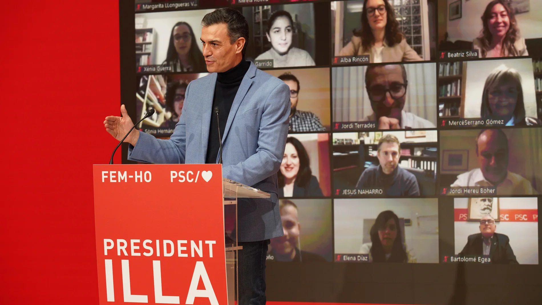 GRAF8496. BARCELONA, 28/01/2021.- El presidente del Gobierno, Pedro Sánchez, pronuncia un discurso este jueves durante el evento inicial de la campaña de las elecciones catalanas del 14 de febrero, en un acto de formato reducido por la COVID, con sede en Barcelona y conexiones con Girona, Tarragona y Lleida. EFE/ PSC SÓLO USO EDITORIAL / SÓLO DISPONIBLE PARA ILUSTRAR LA NOTICIA QUE ACOMPAÑA / CRÉDITO OBLIGATORIO