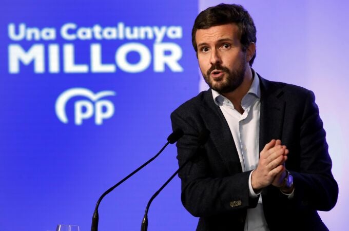 El presidente del Partido Popular, Pablo Casado, interviene en el acto de inicio de la campaña de las elecciones catalanas del 14-F que el PP ha celebrado esta tarde en Barcelona