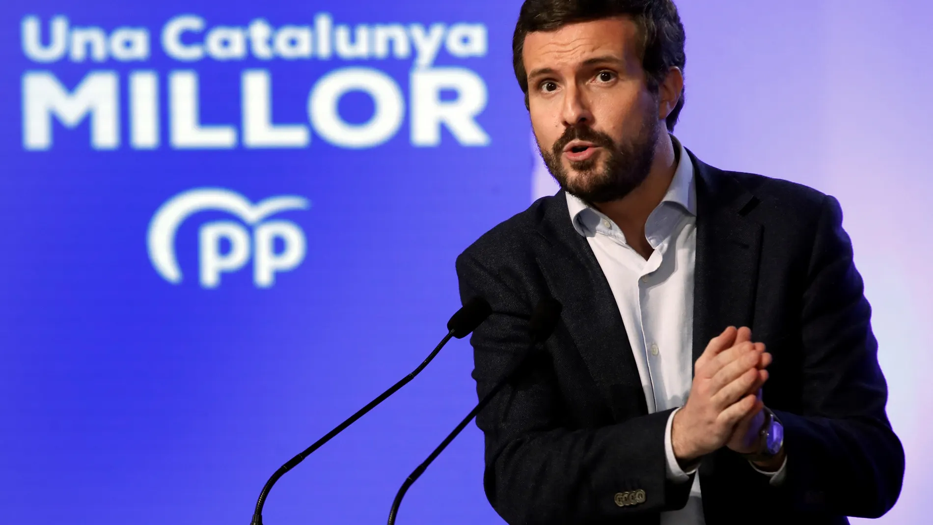El presidente del Partido Popular, Pablo Casado, interviene en el acto de inicio de la campaña de las elecciones catalanas del 14-F que el PP ha celebrado esta tarde en Barcelona