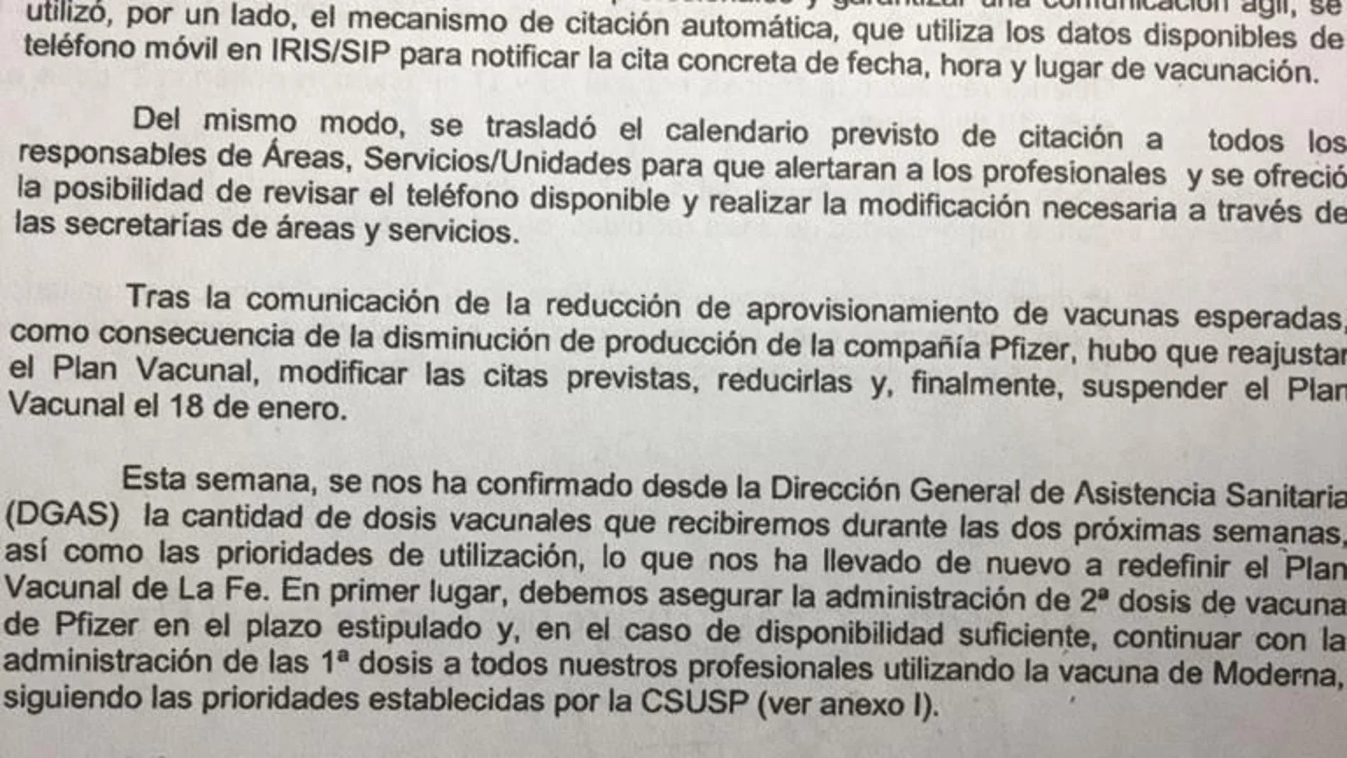 Carta de la Conselleria de Sanidad remitida al Hospital La Fe de Valencia