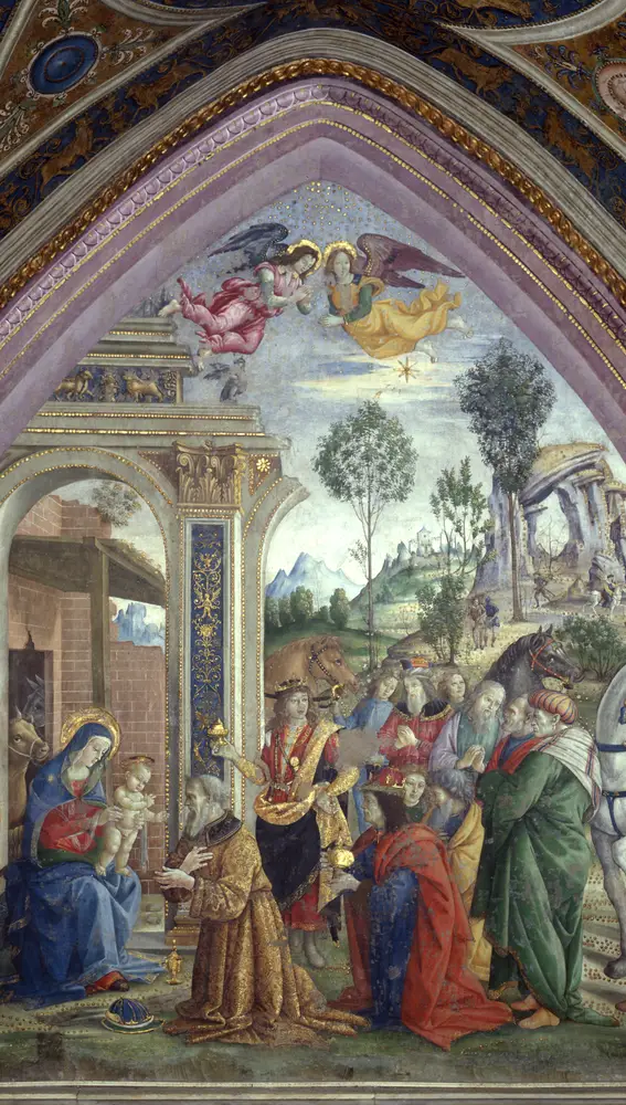 Obra de Bernardino di Betto llamado Pinturicchio. Adoración de los Magos. Palacio Apostólico Vaticano. Apartamento Borgia. Salón de los Misterios. (1492-94) Imagen después de su restauración.
