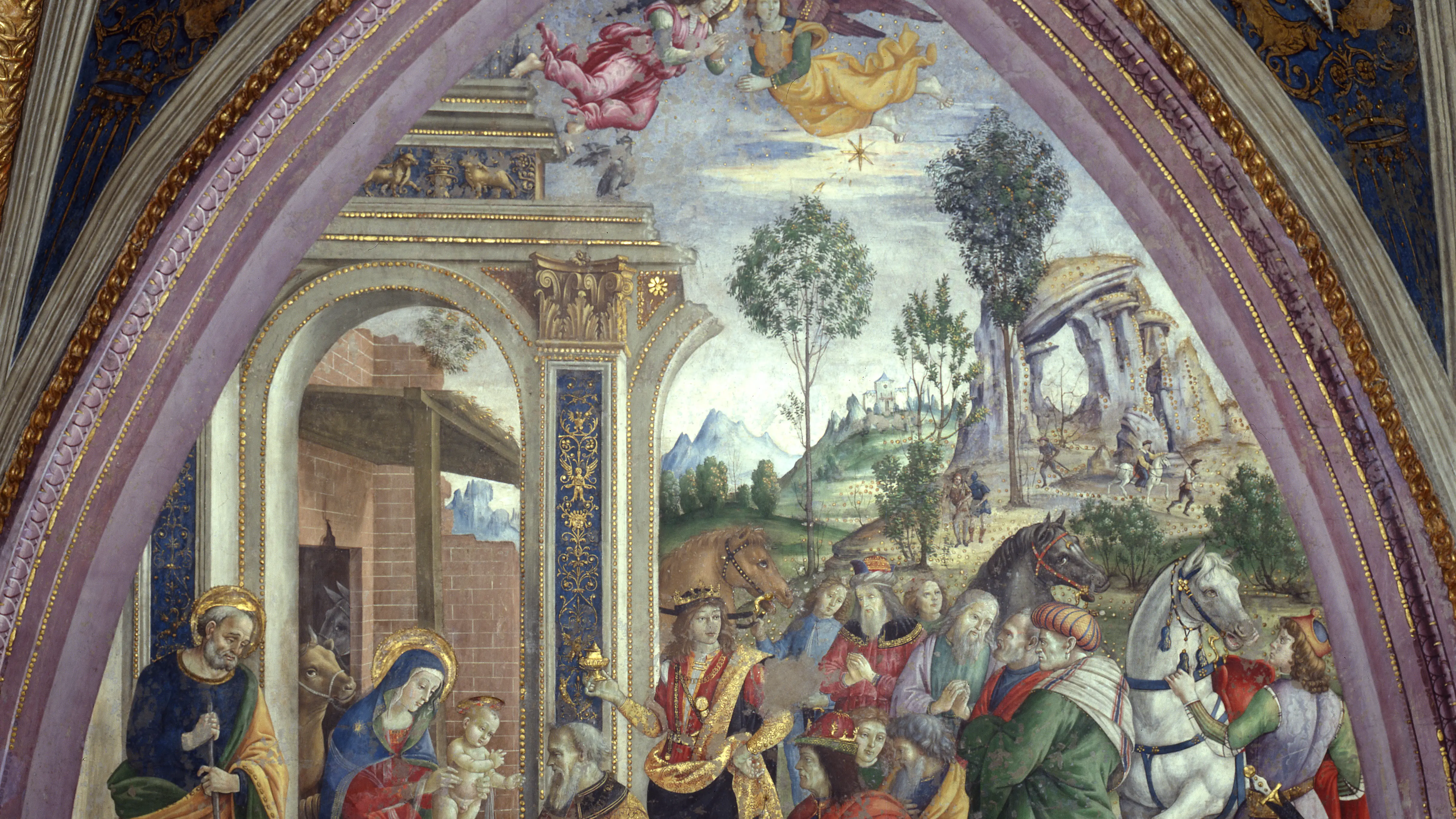 Obra de Bernardino di Betto llamado Pinturicchio. Adoración de los Magos. Palacio Apostólico Vaticano. Apartamento Borgia. Salón de los Misterios. (1492-94) Imagen después de su restauración.
