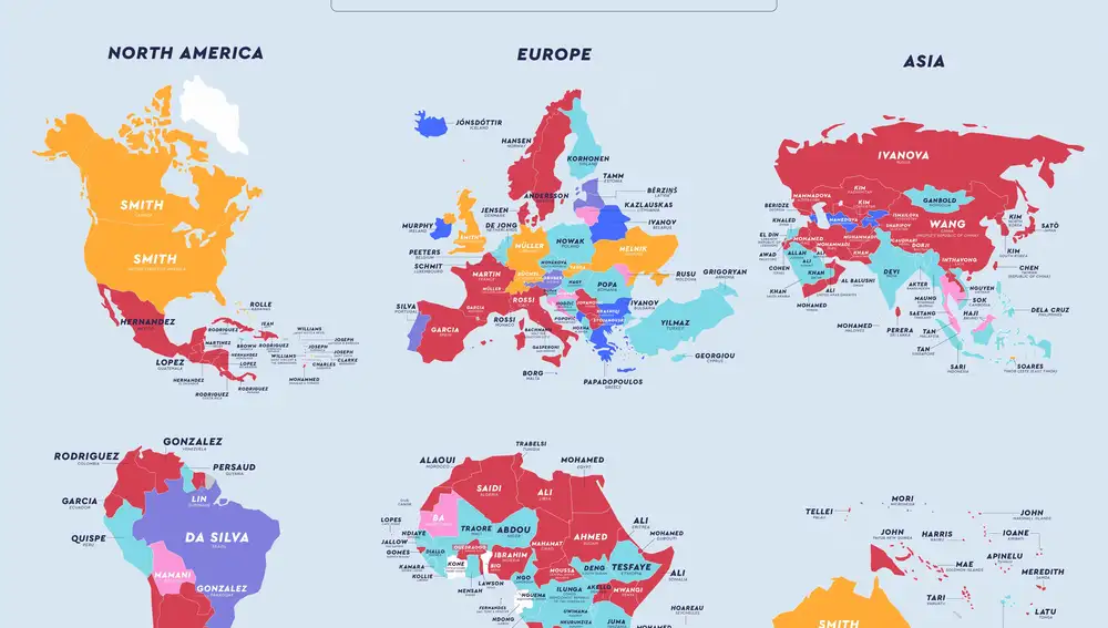 Mapa con los apellidos más comunes en cada país