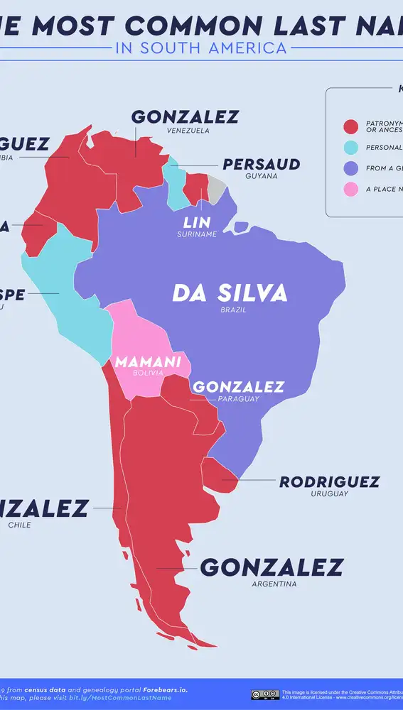 Apellidos más frecuentes en los países de Sudamérica.