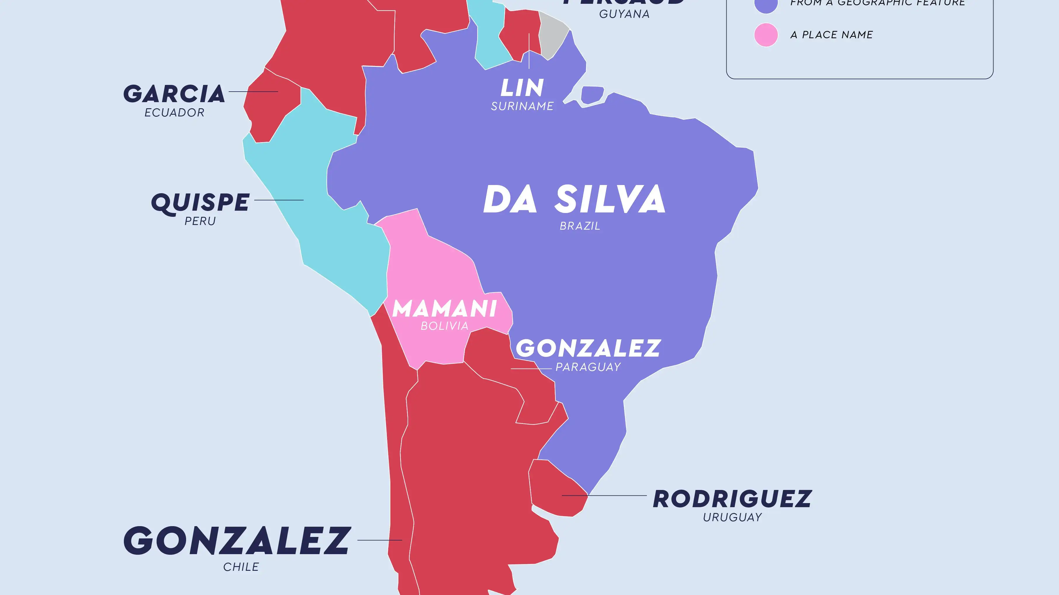 Apellidos más frecuentes en los países de Sudamérica.